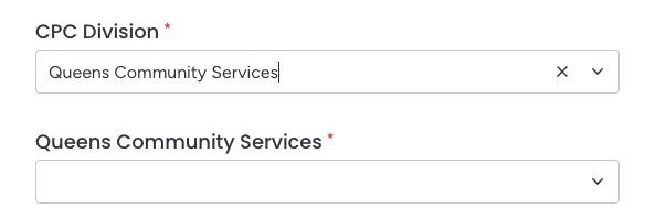 After choosing Queens Community Services, a second required dropdown named Queens Community Services appears under CPC Division.