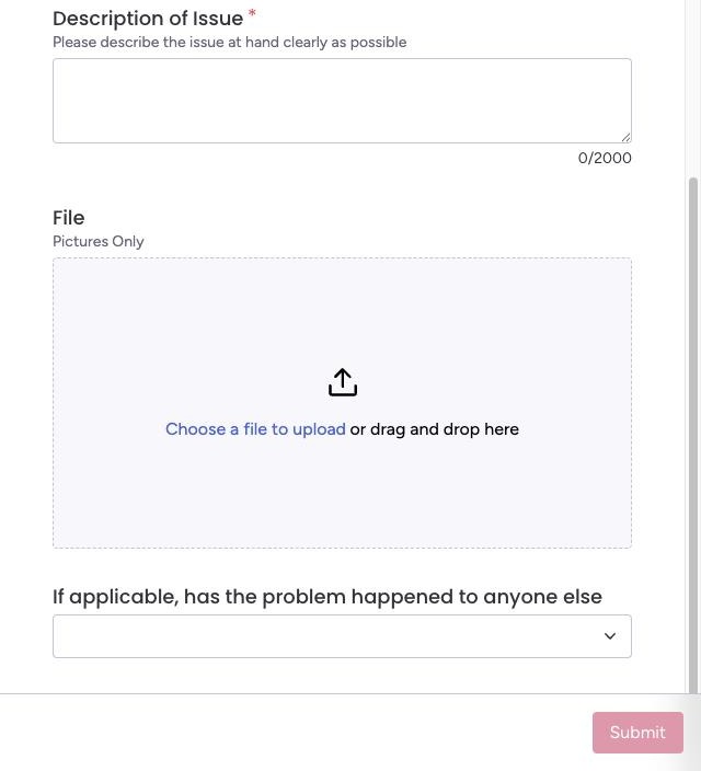 The bottom of the form: Description of Issue, File upload area, the last question, and the Submit button.