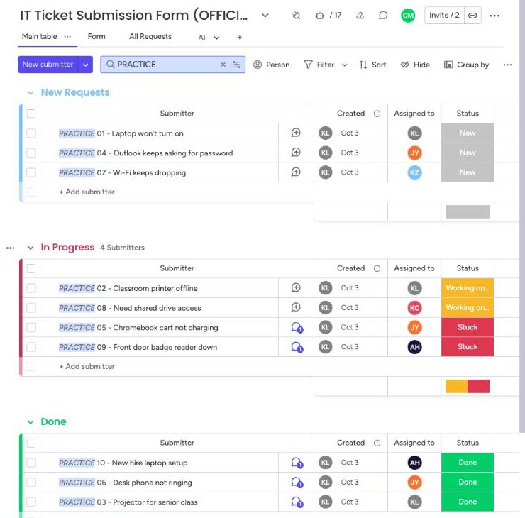 The ticket board with three groups: New Requests, In Progress, and Done, each showing practice tickets with Created, Assigned to and Status columns.