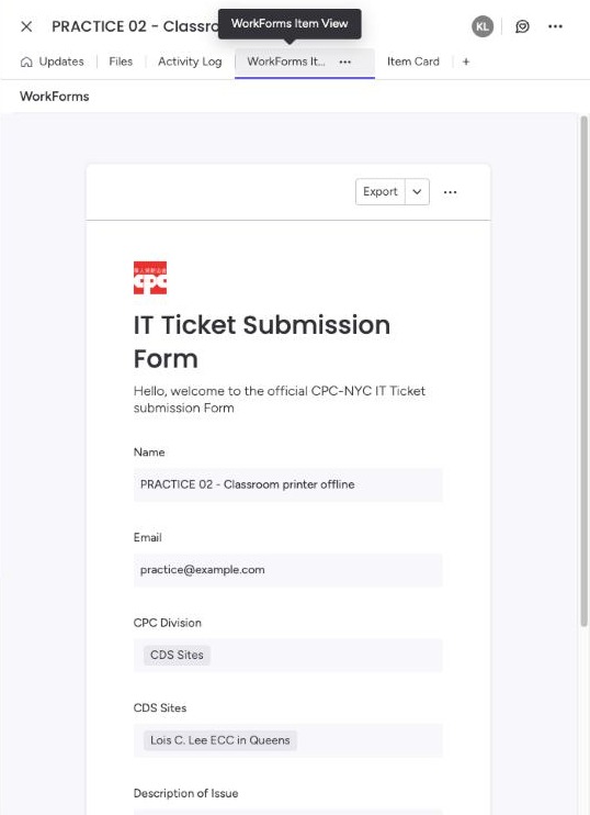 The WorkForms Item View tab showing a submitted form with Name, Email, CPC Division, CDS Sites and Description of Issue.