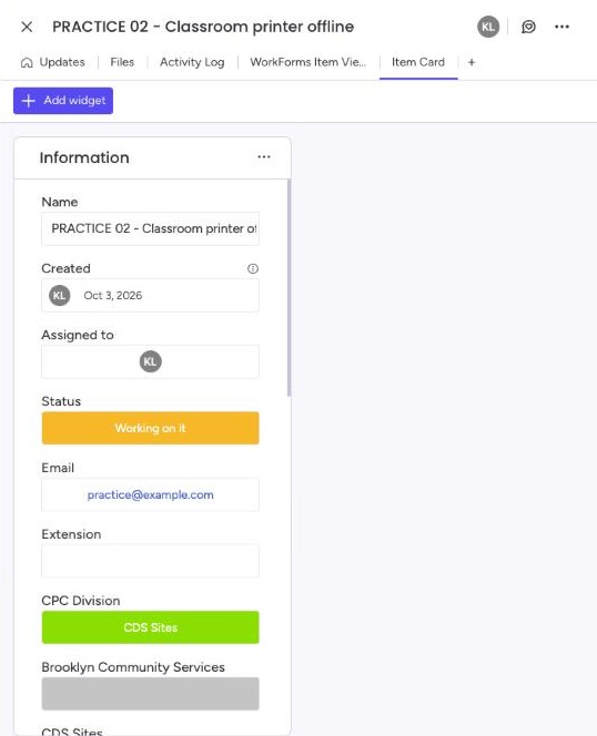 The Item Card tab listing Name, Created, Assigned to, Status, Email, Extension and CPC Division for one ticket.