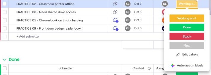 The Status cell open on a ticket, showing four choices: Working on it, Done, Stuck and New.