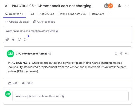 The Updates tab of a ticket with one note describing what was checked, what was ordered, and that the ticket was marked Stuck.
