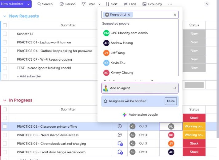 The Assigned to cell open, showing the current assignee as a chip with an x, a list of suggested people, and the note Assignees will be notified.