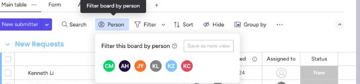 The Person button open, showing Filter this board by person with a row of initials.